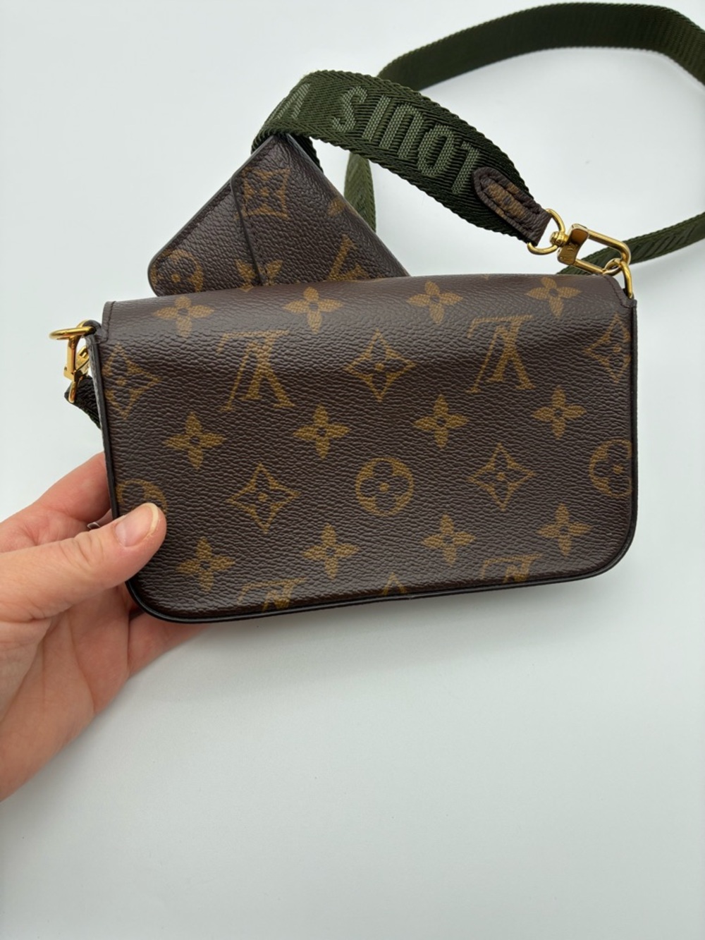 Louis Vuitton Monogram felicie pochette green strap & go w/ mini wallet with COA - Picture 6 of 15